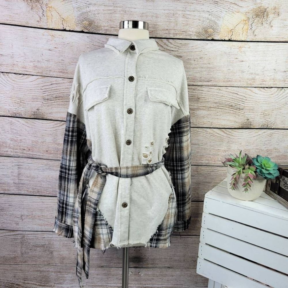 EUC Large Miss Me Plaid Woven Flannel Button Up Shacket Tan Tie Waist Belt